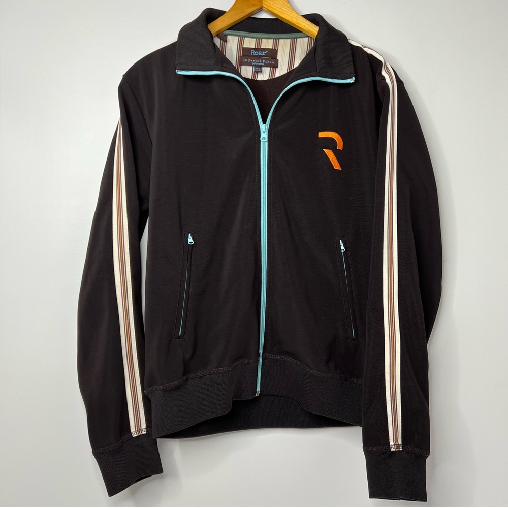 Roar Zip Up Track Jacket Brown Blue R Logo Full Zippered Striped Mens Large